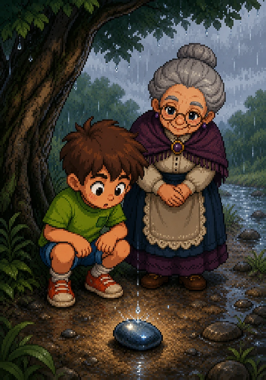 During a light rain shower, Leo paused under a tree and watched as raindrops landed on a smooth, rounded pebble, causing it to glow with a deep, polished luster. The wet stone, once unremarkable, now held a deep beauty that reflected the sky, teaching him how even simple things change with circumstance.
