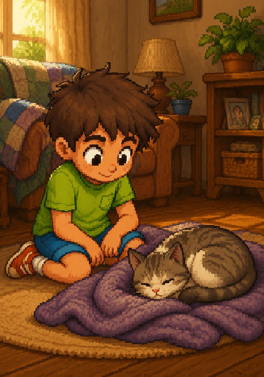 Returning home, Leo found his cat curled up on a soft blanket, its breathing rhythmical and comforting in the quiet afternoon. As he sat beside it, he noticed how each soft breath seemed to hold a world of contentment and peace, a tiny domestic moment filled with quiet joy.