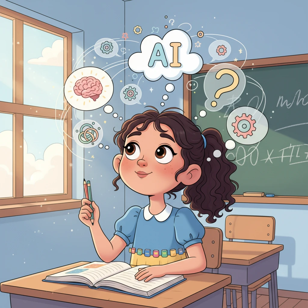 Valentina, con sus grandes ojos llenos de curiosidad, se sentaba en su pupitre, soñando despierta. Amaba aprender cosas nuevas, pero algunas palabras grandes como 'Inteligencia Artificial' la hacían sentir un poco confundida y curiosa al mismo tiempo. ¿Qué significaba realmente?