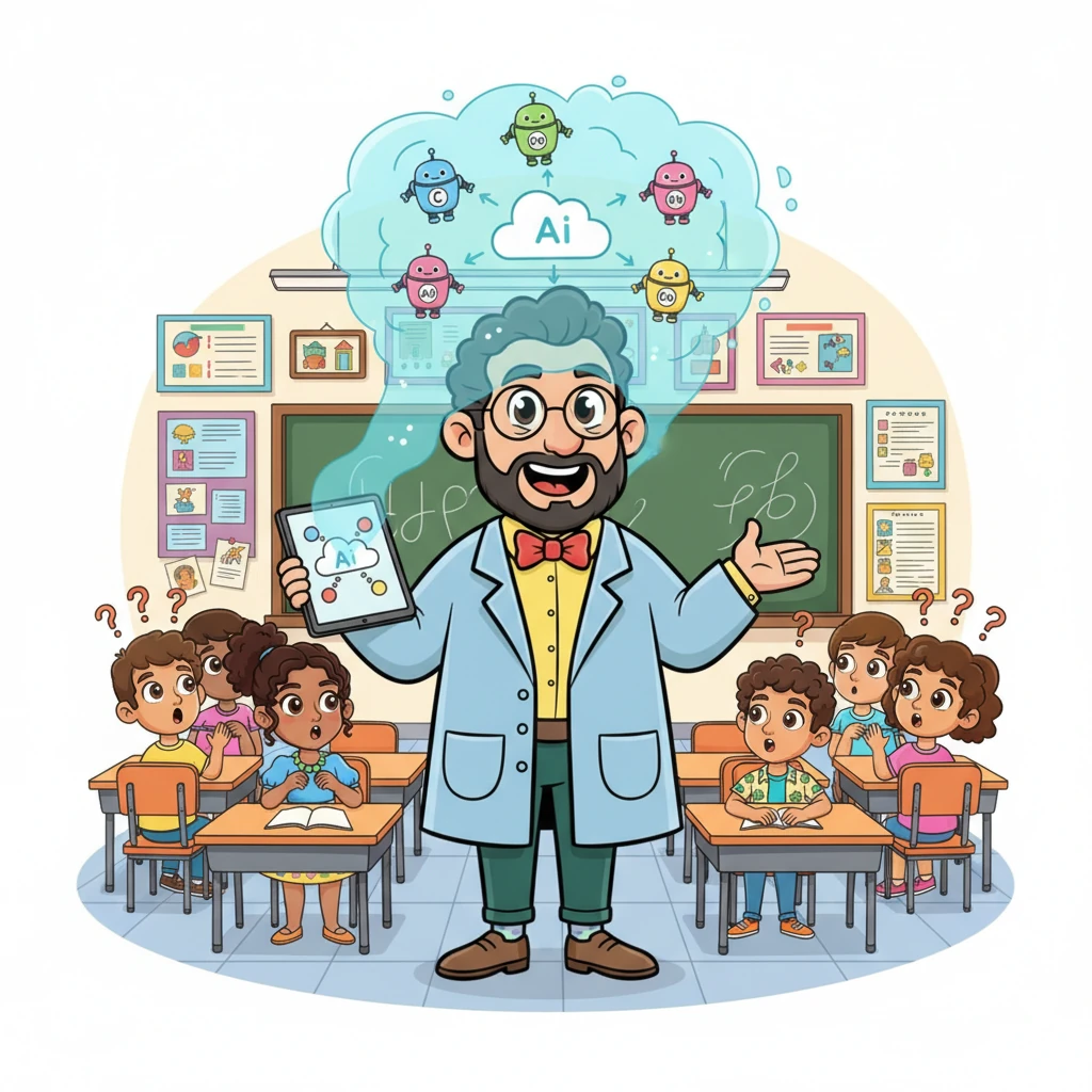 En el aula, el Profesor Sabio, con su sonrisa amable y gafas brillantes, presentó un tema emocionante. Mencionó nombres como Claude, Copilot, Gemini y ChatGPT, y algunos estudiantes se miraron con caras de asombro. Parecía algo de otro mundo.