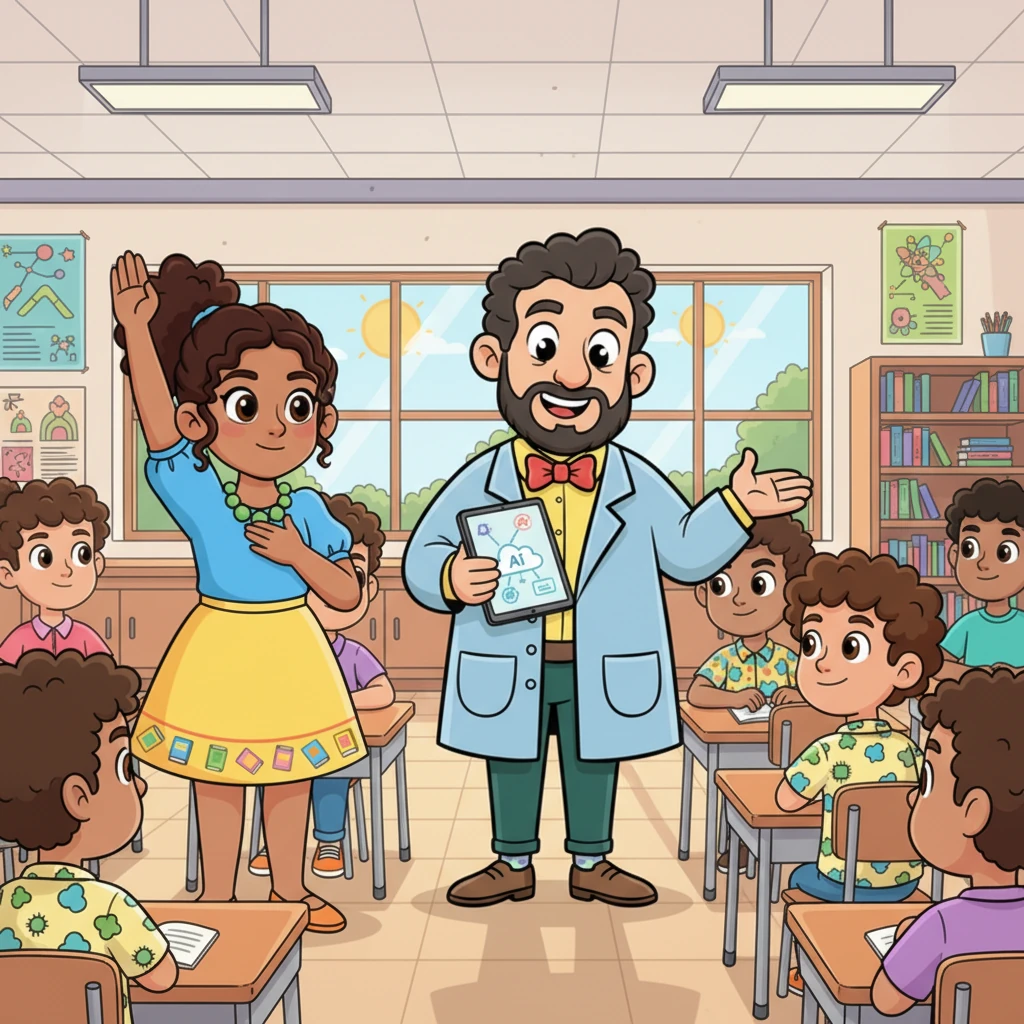 Con valentía, Valentina levantó la mano, su corazón latiendo un poco rápido. 'Profesor Sabio,' preguntó, '¿qué es exactamente la IA generativa y qué pueden hacer estas herramientas?' Su pregunta resonó en el aula, y todos los ojos se volvieron hacia el profesor.