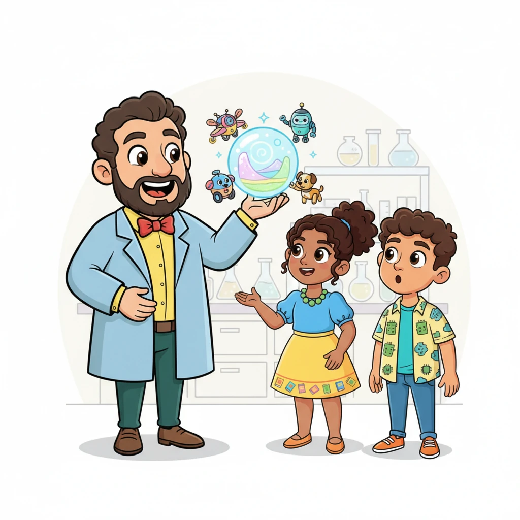 El Profesor Sabio sonrió, feliz de la curiosidad de Valentina. Explicó que 'generativa' significaba que estas IA podían crear cosas completamente nuevas, no solo buscar información que ya existía. Era como tener un ayudante mágico para la creatividad.