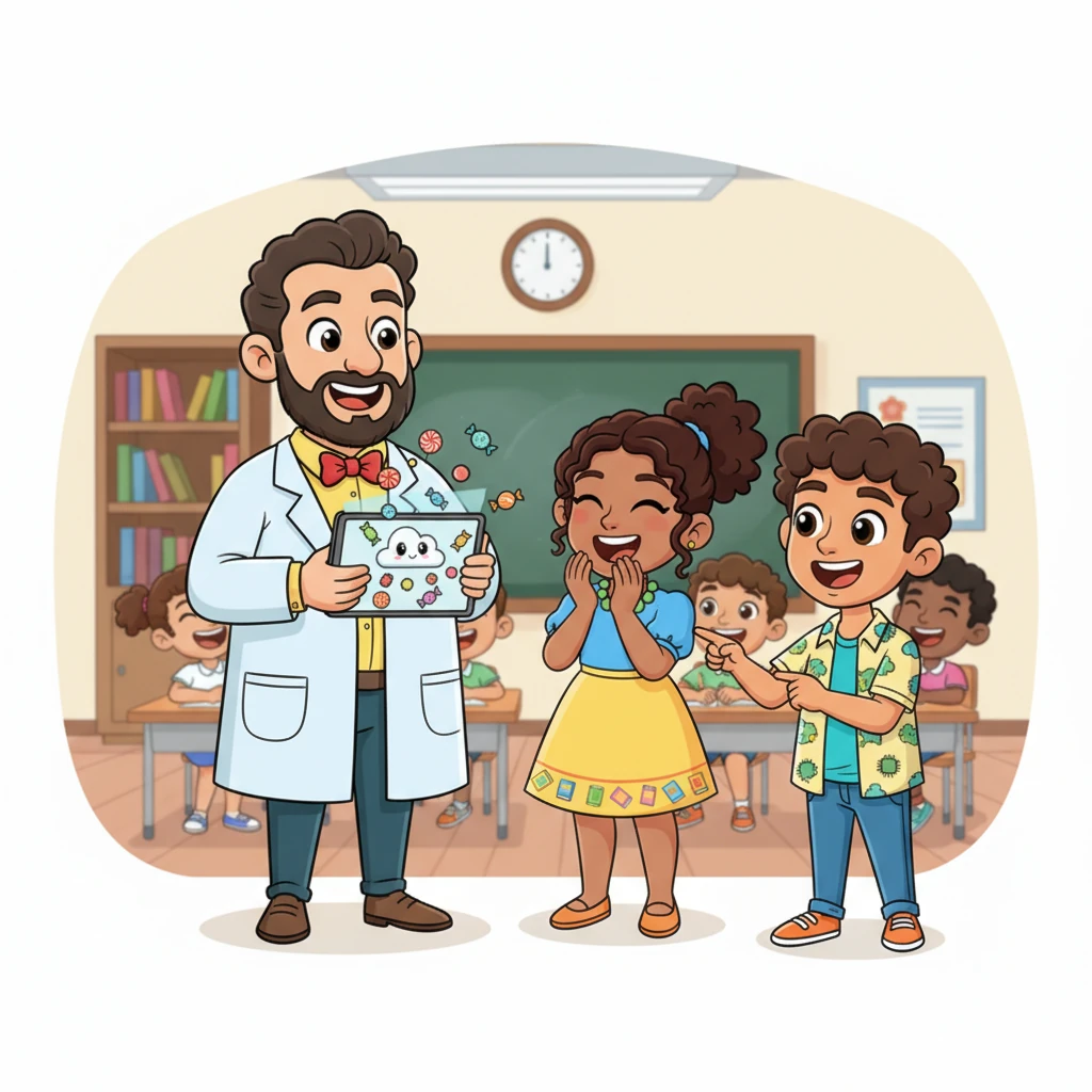 Para mostrarlo, el Profesor Sabio usó 'Claude'. Pidió a la IA que creara una historia caprichosa sobre una nube parlante que hacía llover caramelos de colores. La clase estalló en risas y asombro, ¡la historia era tan divertida y original!