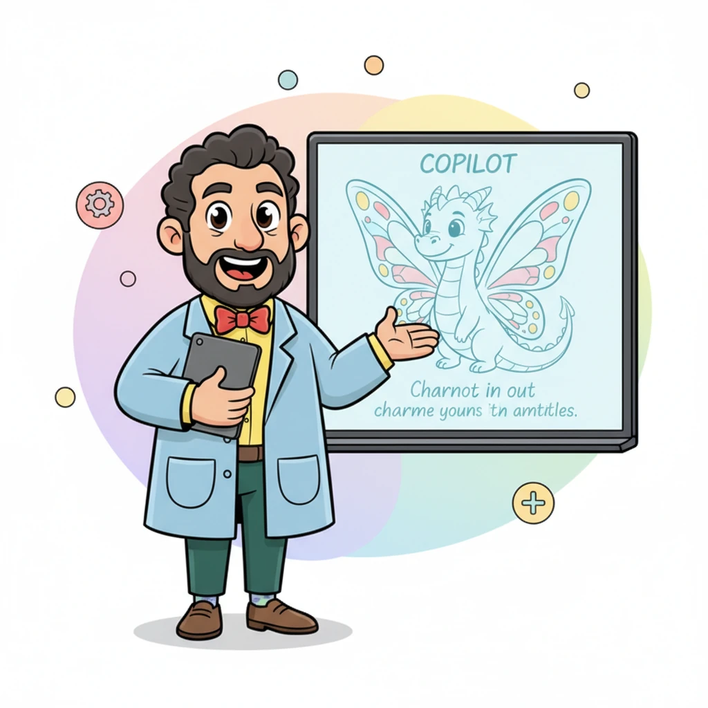 Luego, el profesor presentó 'Copilot'. Le pidió que ayudara a dibujar un dragón amigable con alas de mariposa y luego que escribiera un pequeño poema sobre él. El dibujo apareció con líneas suaves y el poema era encantador, mostrando cómo la IA podía ayudar a crear arte y texto.