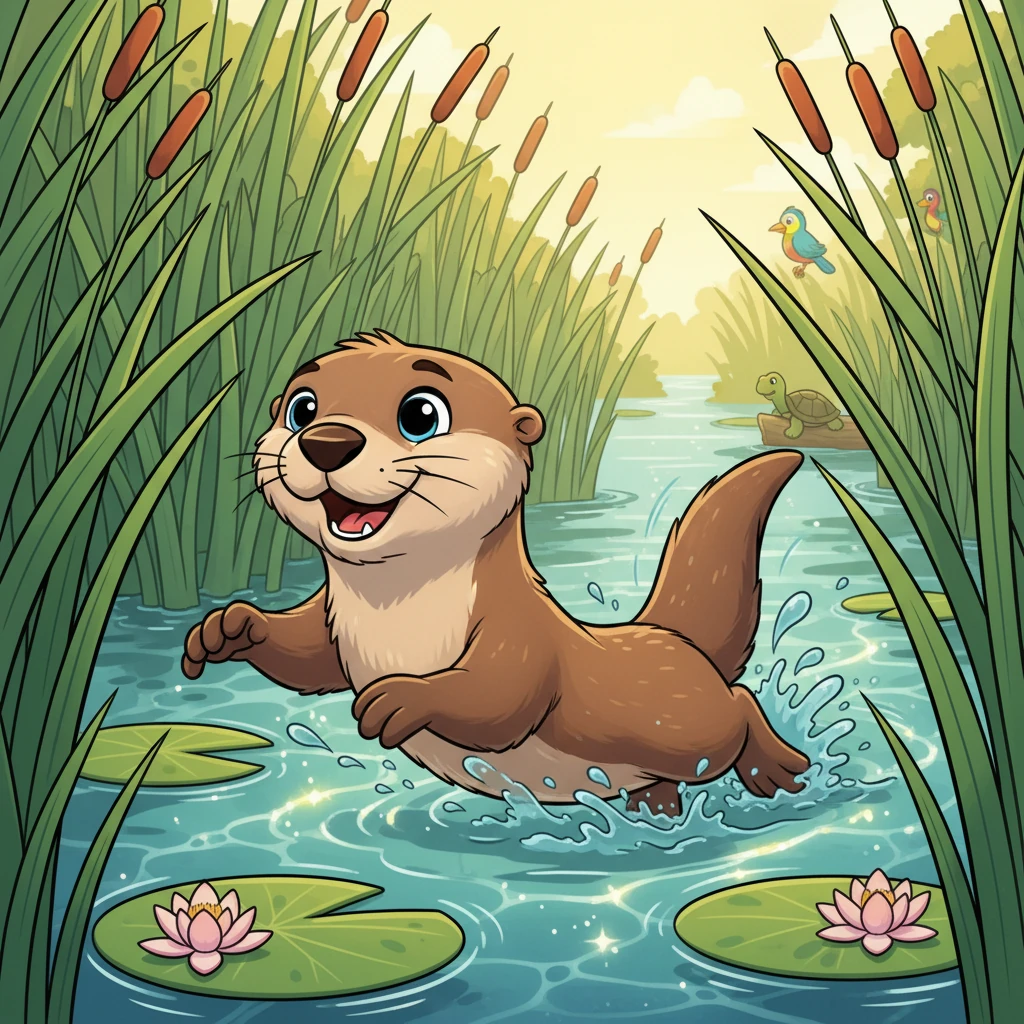 Ollie, a playful otter, zoomed through the sparkling Florida wetlands. He loved diving deep, chasing sunbeams, and playing hide-and-seek among the tall, green reeds. His home was a vibrant maze of water, lily pads, and friendly animal neighbors.