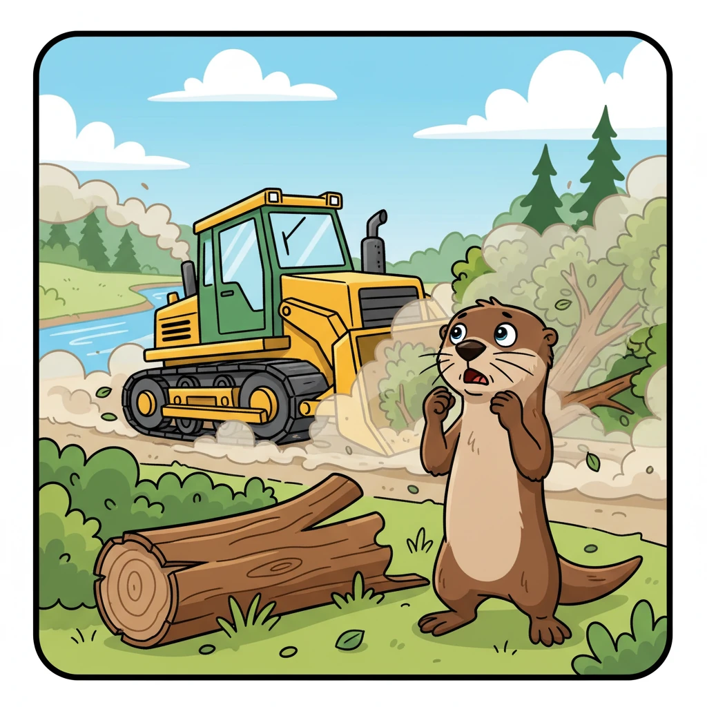 One sunny morning, Ollie noticed something new and loud. A giant, rumbling machine was clearing away trees and plants near his favorite sunbathing log. A strange, dusty smell filled the air, making his whiskers twitch with worry.