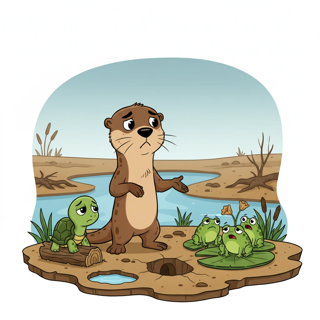 Day by day, Ollie's beloved wetland seemed to shrink. His secret tunnels were blocked, and the juicy fish he loved were harder to find. Many of his animal friends, like shy turtles and chirping frogs, looked sad and confused, their homes disappearing too.