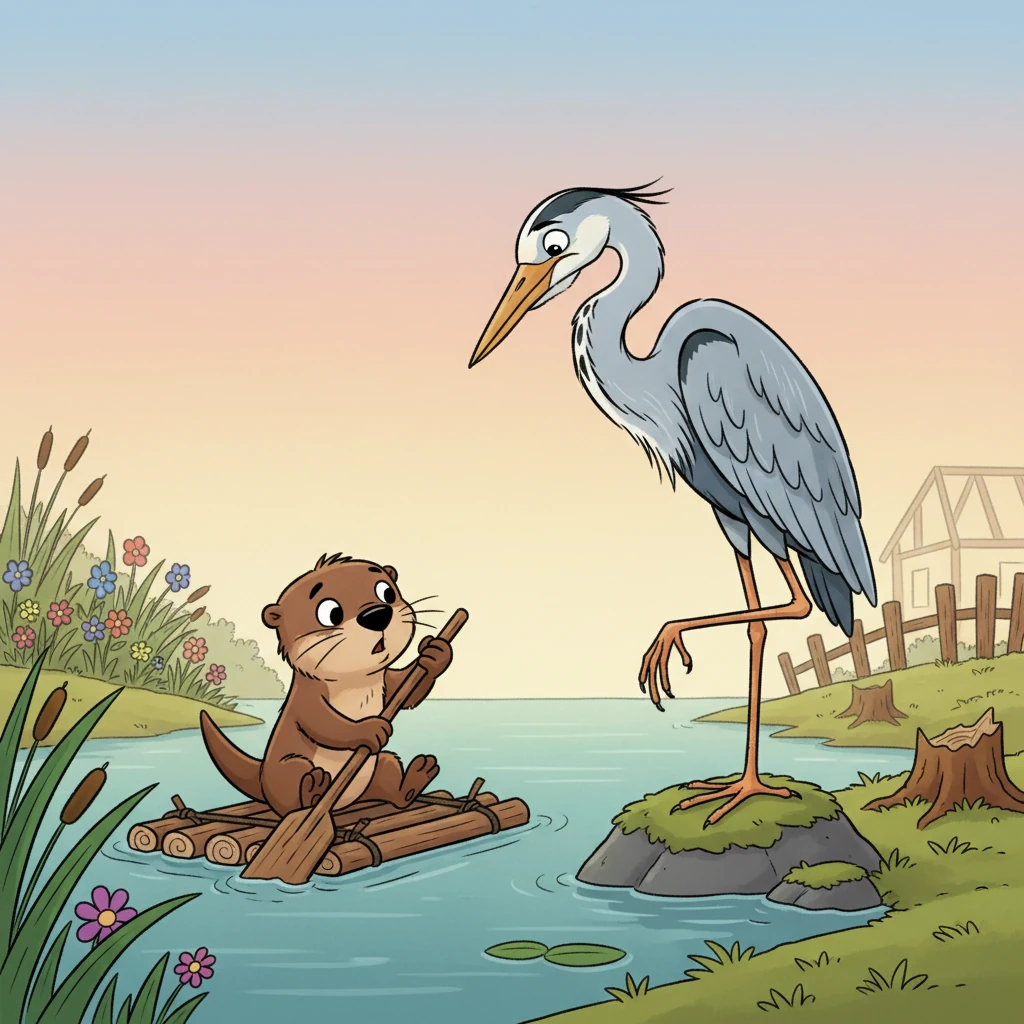 Ollie paddled to a wise old Great Blue Heron named Henrietta, who stood tall and still by the water's edge. "Henrietta," Ollie squeaked, "Our home is changing! What can we do?" Henrietta sighed, explaining that humans were building and forgetting about the animals' needs.