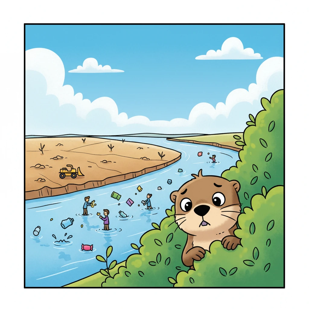 Curious, Ollie peeked from behind a thick bush and saw people throwing shiny, colorful trash into the water. He watched as more land was cleared, leaving bare, dusty patches where lush plants once grew. It made his little otter heart feel heavy.