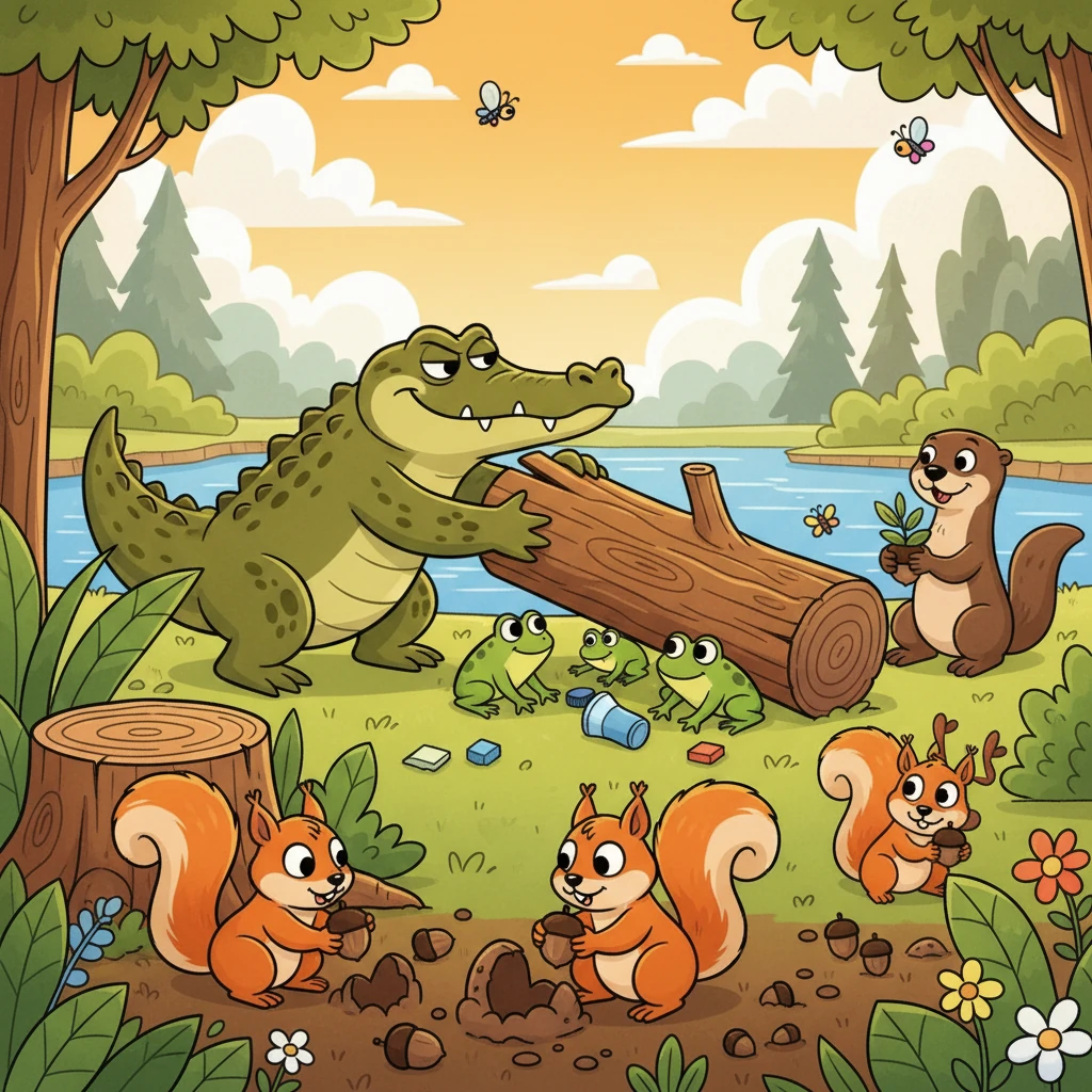 Inspired by Ollie's efforts, his friends joined in! Little frogs helped clear small bits of trash, while busy squirrels planted acorns. Even a grumpy old alligator helped nudge a fallen log into place, creating a new shelter for tiny creatures.