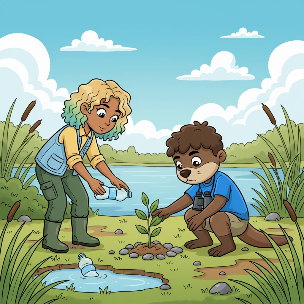 One afternoon, a young girl named Lily, visiting the wetlands with her family, noticed the animals' busy work. She saw Ollie carefully placing a smooth stone around a newly planted sapling. Touched, Lily decided to help by picking up a discarded plastic bottle she found nearby.