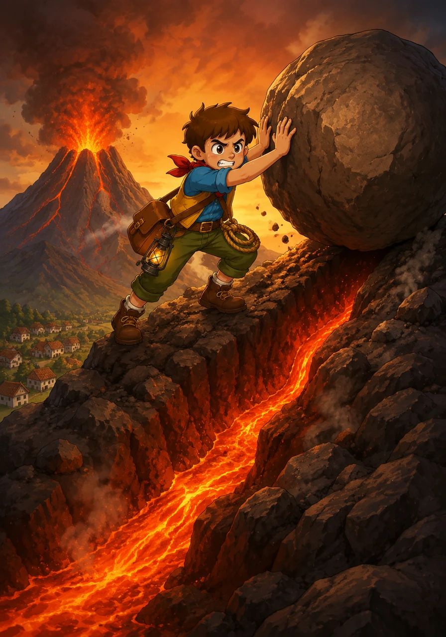 Leo realized he couldn't stop the volcano alone, but he spotted a massive boulder precariously balancing near a natural trench. If he could dislodge it, the rock would alter the path of the lava flow away from the houses below.
