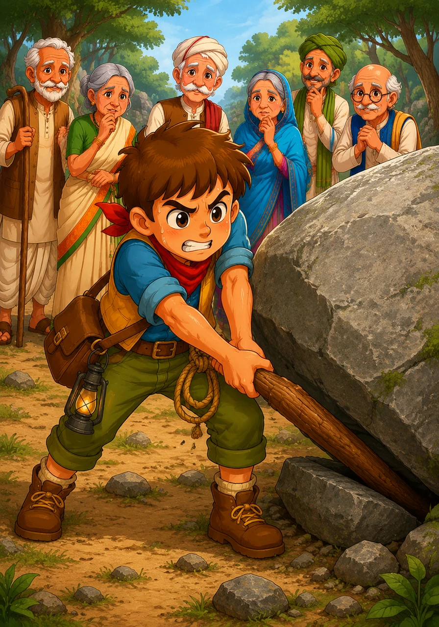 Using a sturdy fallen branch as a lever, Leo pushed with all his might against the giant stone. He strained and sweated, pouring every ounce of his courage and energy into the desperate effort.
