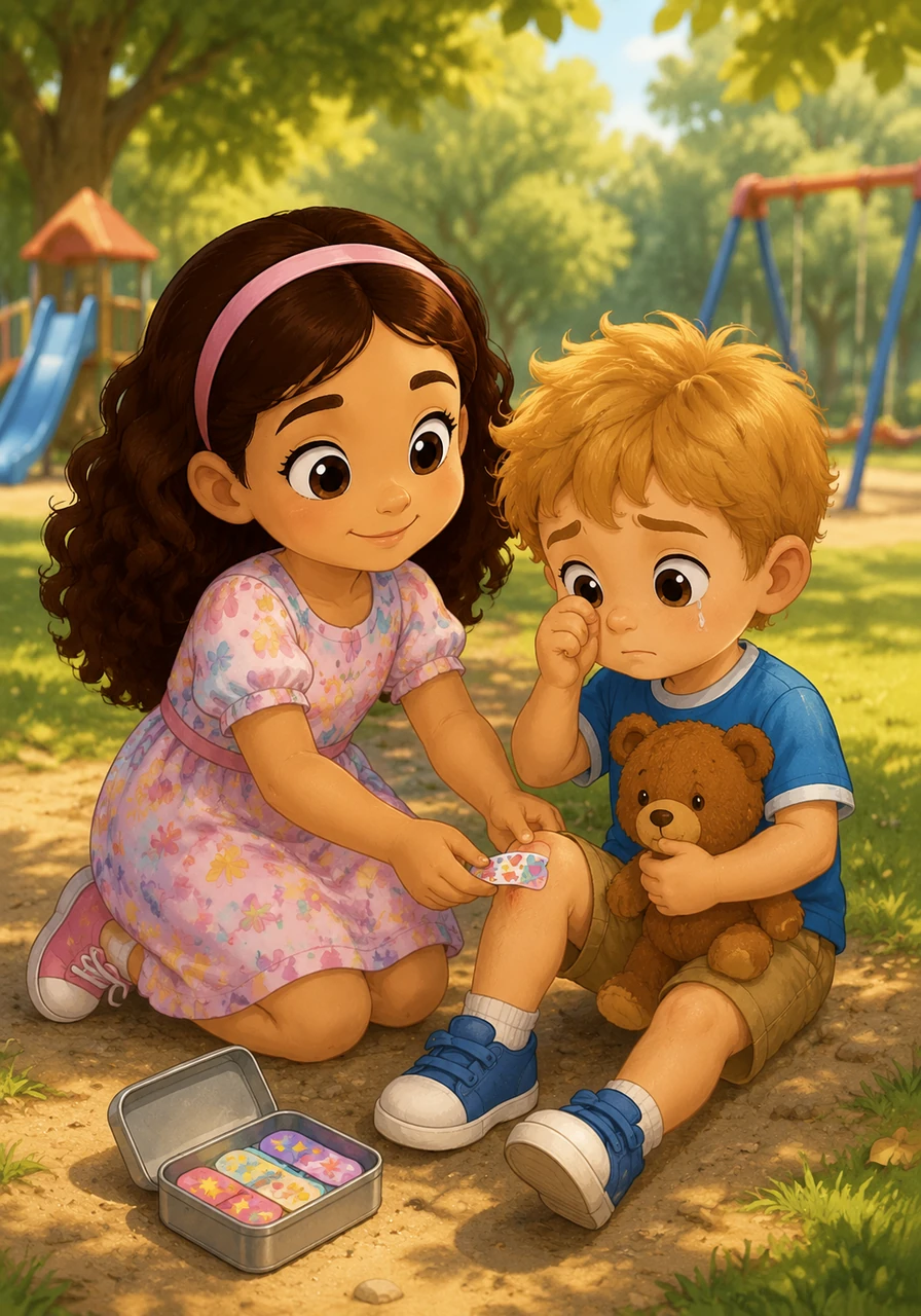 Seven-year-old Maya has a special gift for comforting others. Whenever her friends scrape their knees at the park, she is always the first to run over with a gentle smile and a colorful bandage. Her warm heart and steady hands make everyone feel safe and cared for.