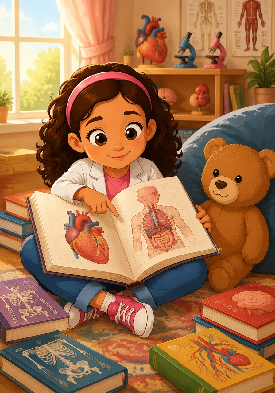 Maya is fascinated by the wonders of science and the human body. She spends hours reading colorful anatomy books, eager to learn how the heart pumps blood and how bones stay so strong. She wants to understand the secrets behind every breath we take.