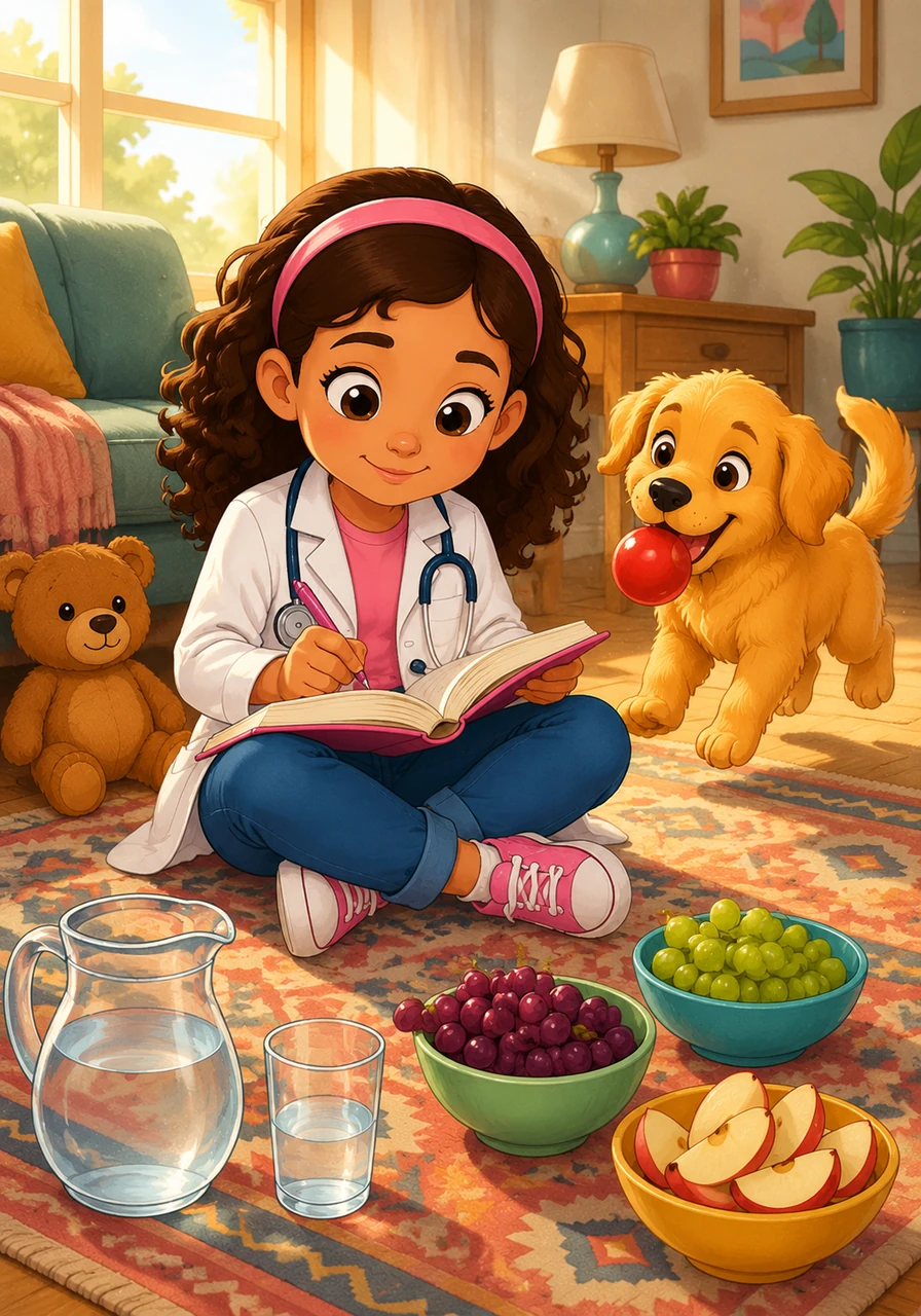 Every single day, Maya practices being a careful observer. She keeps a special health journal where she writes down how much water her family drinks and tracks the energy levels of her playful puppy, Barnaby. She also eats fresh fruits and vegetables to keep her own mind and body strong.
