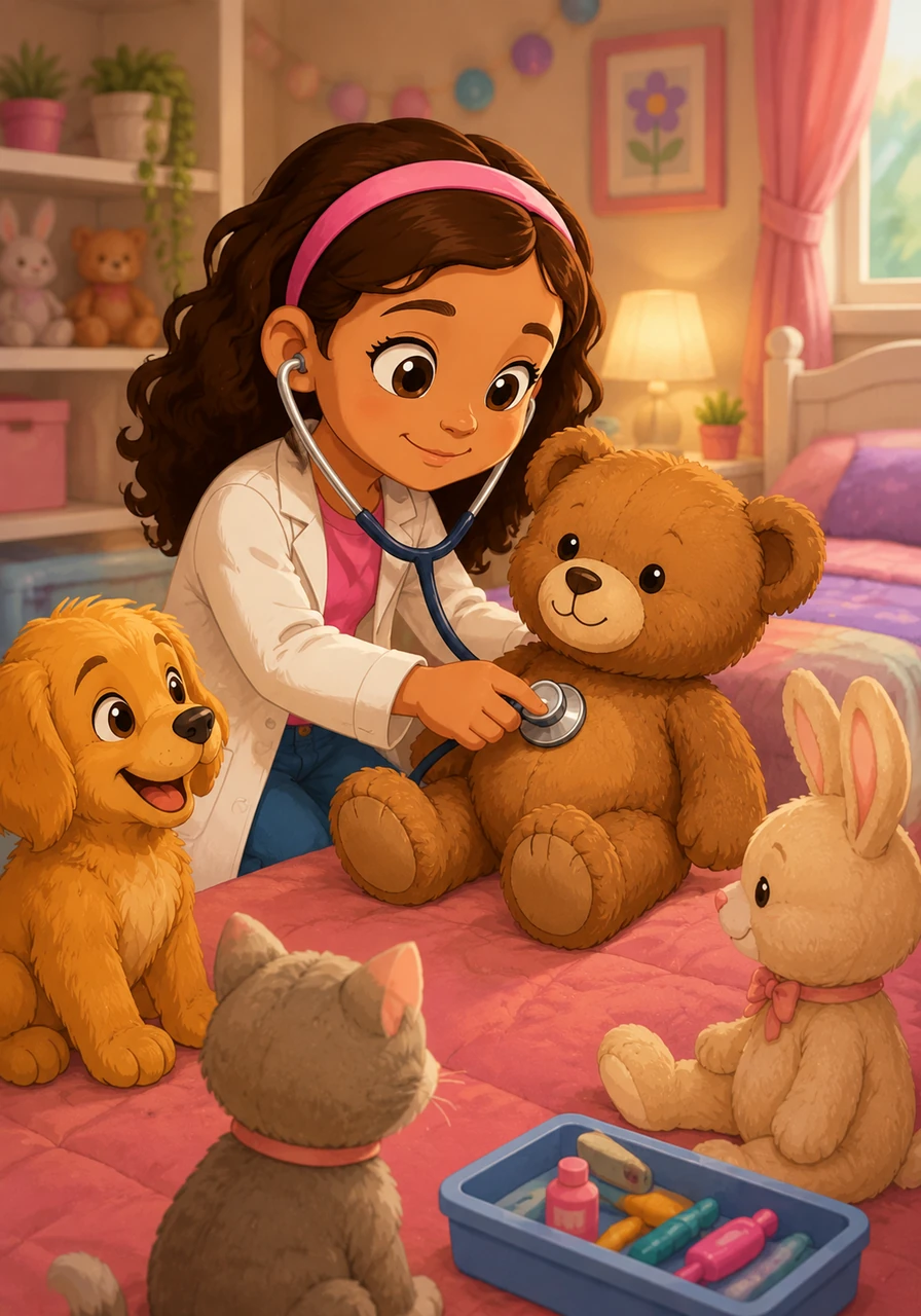In her cozy bedroom, Maya sets up a bustling toy clinic for her stuffed animals. She uses a toy stethoscope to carefully listen to her teddy bear's fluffy chest, making sure he gets plenty of rest and imaginary vitamins. This daily practice helps her understand the routine of a caring physician.