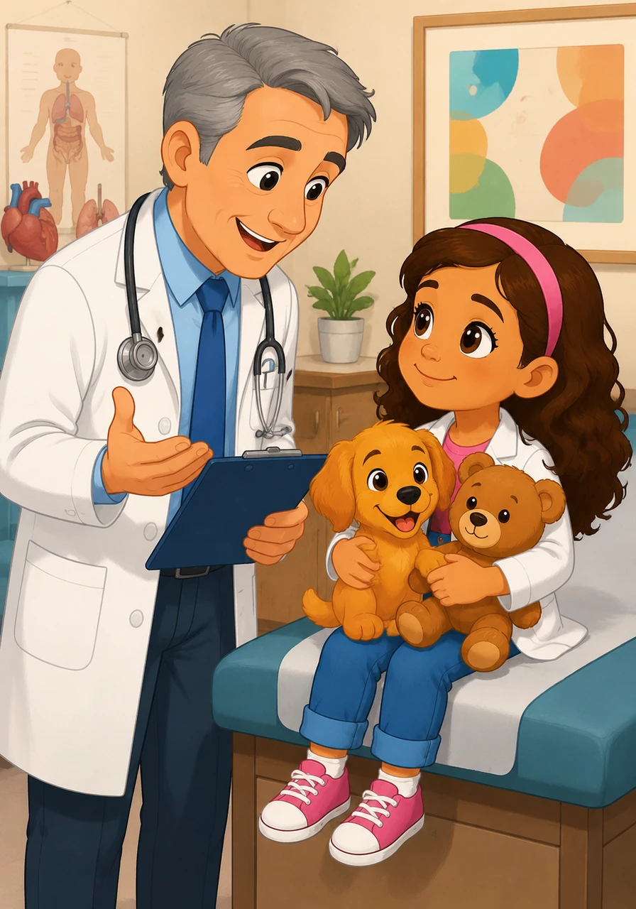 During a checkup, the friendly neighborhood pediatrician, Dr. Evans, gives Maya some wonderful advice. He tells her that a great doctor never stops asking questions and must always keep their curiosity alive. Maya leaves the clinic feeling inspired to explore the world with an open, questioning mind.