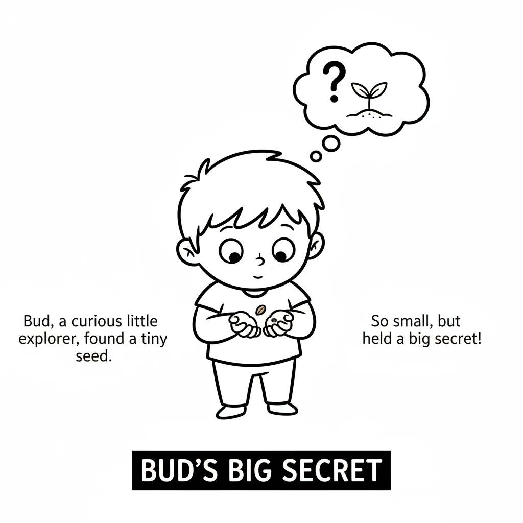 Bud, a curious little explorer, found a tiny, brown seed nestled in the palm of their hand. It was so small, almost invisible, but Bud knew it held a