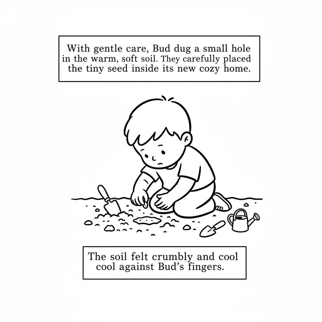 With gentle care, Bud dug a small hole in the warm, soft soil. They carefully placed the tiny seed inside its new cozy home. The soil felt crumbly and