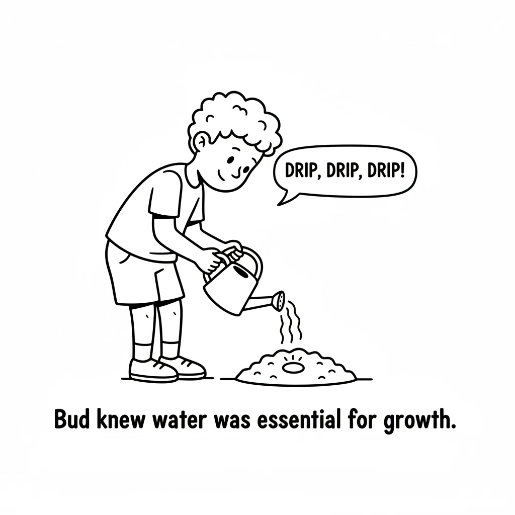 Bud fetched a small watering can, full of sparkling clear water. Drip, drip, drip went the water as it gently soaked the soil around the hidden seed.