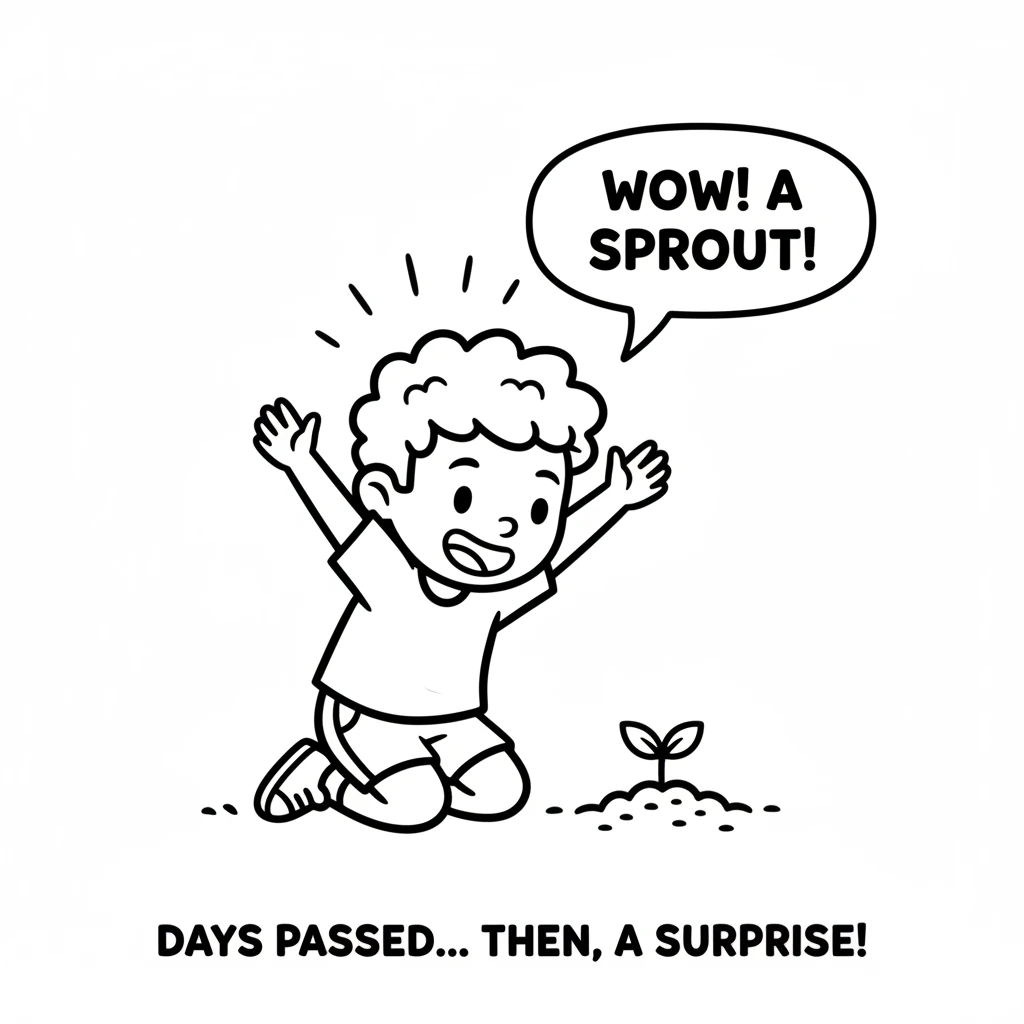 Days turned into a week, and then one sunny morning, a tiny green sprout poked its head out of the ground! Bud cheered with delight, amazed at the lit