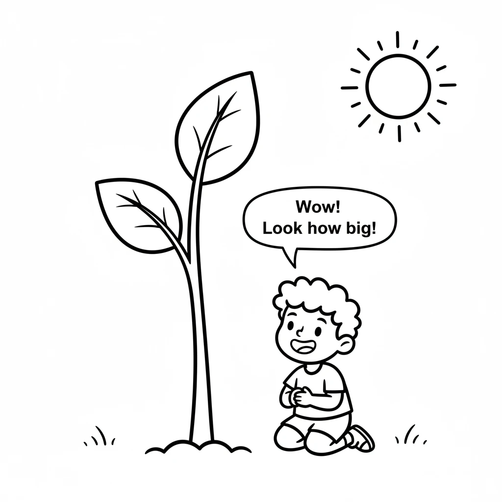 The sprout grew taller and stronger each day, reaching for the sun. It developed a sturdy green stem and two cheerful little leaves. Bud watched proud