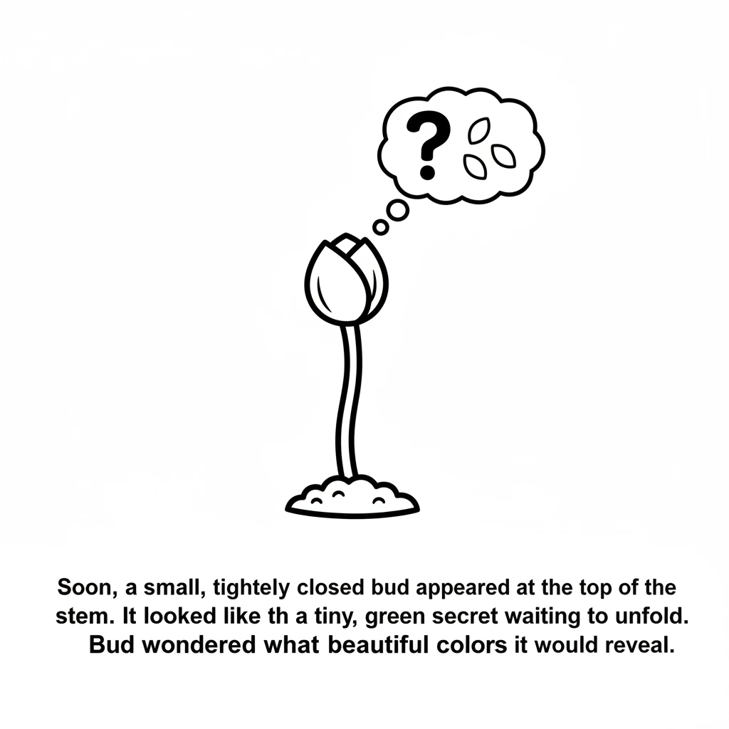 Soon, a small, tightly closed bud appeared at the top of the stem. It looked like a tiny, green secret waiting to unfold. Bud wondered what beautiful