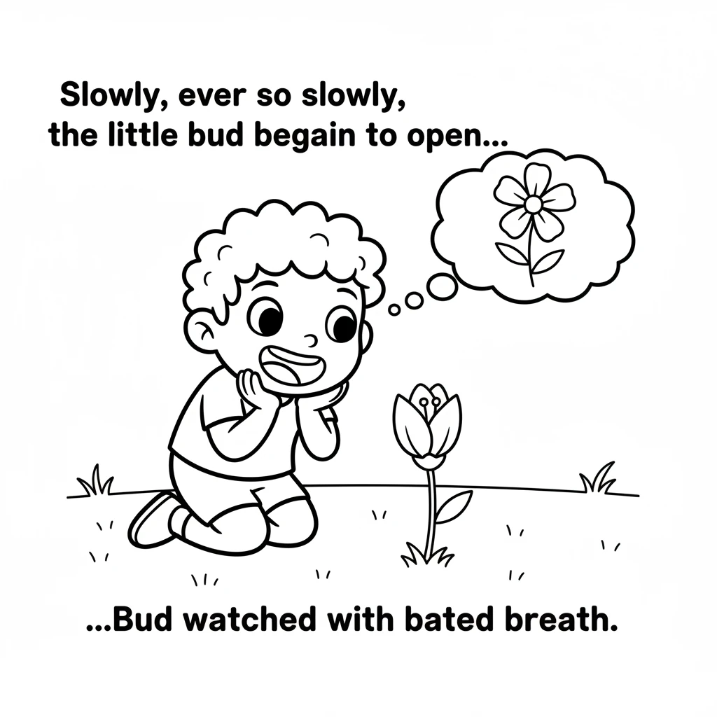 Slowly, ever so slowly, the little bud began to open its petals. It was a gentle process, revealing just a hint of color peeking through. Bud watched