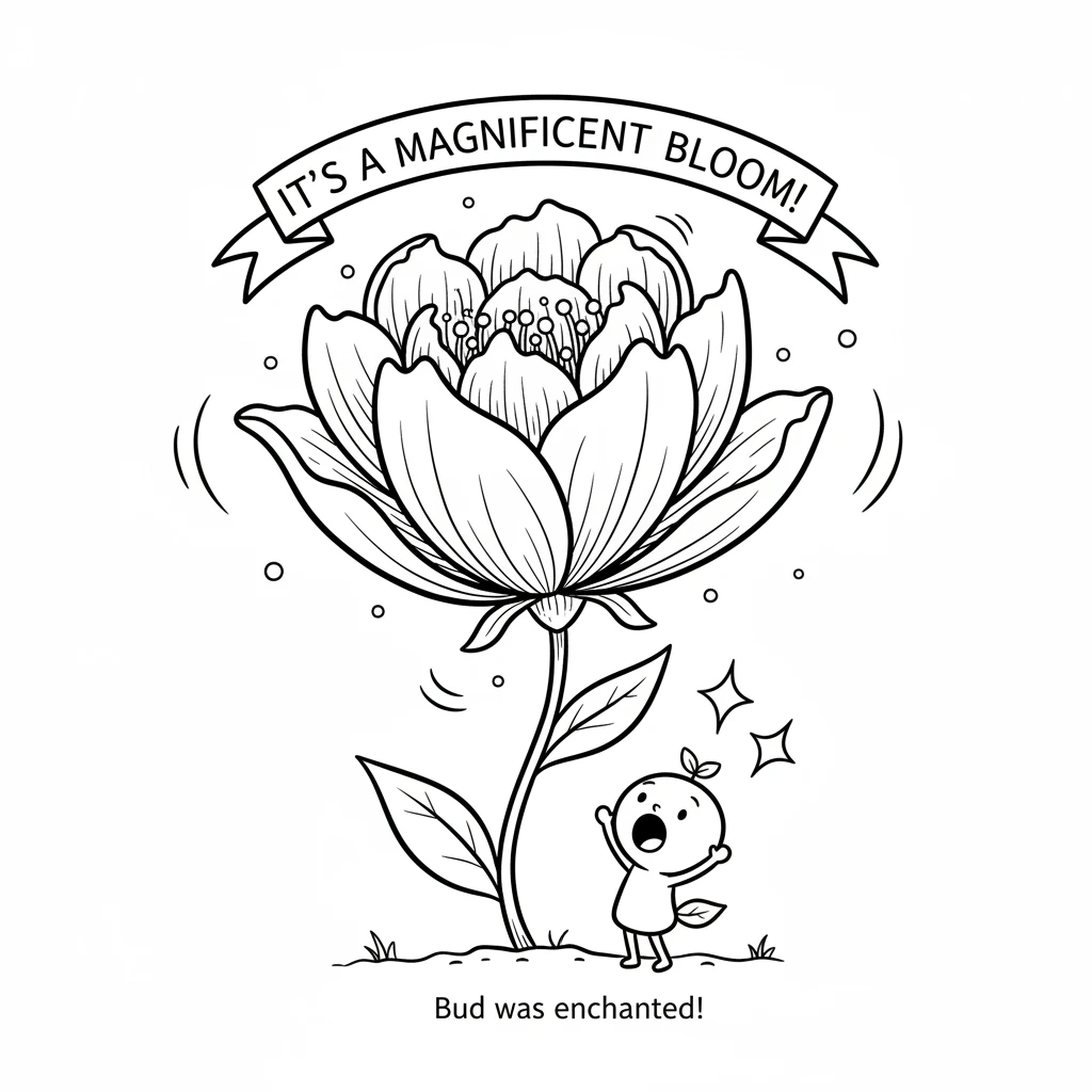 Finally, the flower burst open in a magnificent bloom! Its petals spread wide, showing vibrant colors and a lovely shape. Bud gasped, truly enchanted