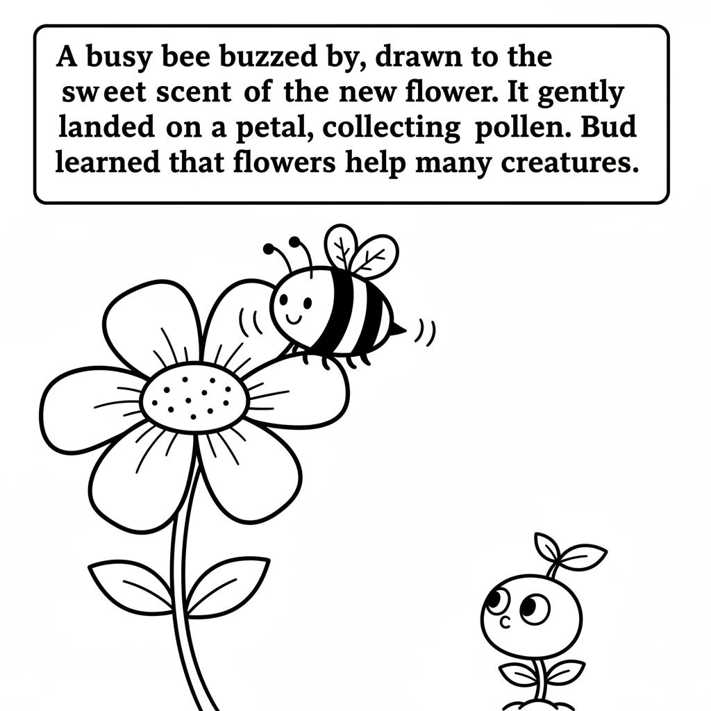 A busy bee buzzed by, drawn to the sweet scent of the new flower. It gently landed on a petal, collecting pollen. Bud learned that flowers help many c