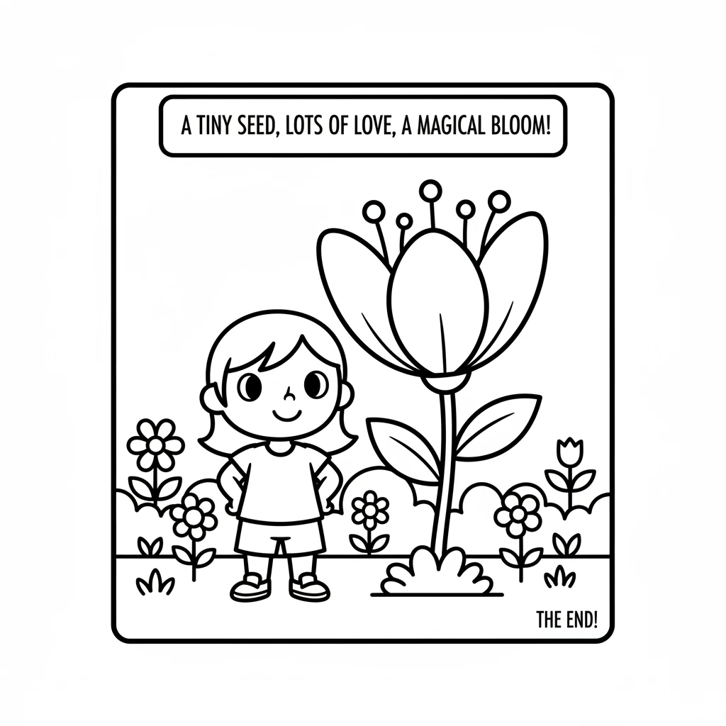 Bud smiled, standing proudly beside their beautiful, blooming flower. The garden felt alive with joy and color, all thanks to a tiny seed and a lot of