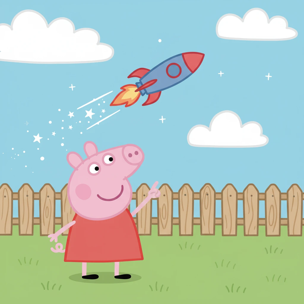 One sunny morning, Peppa Pig looked up at the sky, dreaming of the moon. She imagined floating among the stars and seeing Earth from far away. Her eyes sparkled with curiosity and excitement.