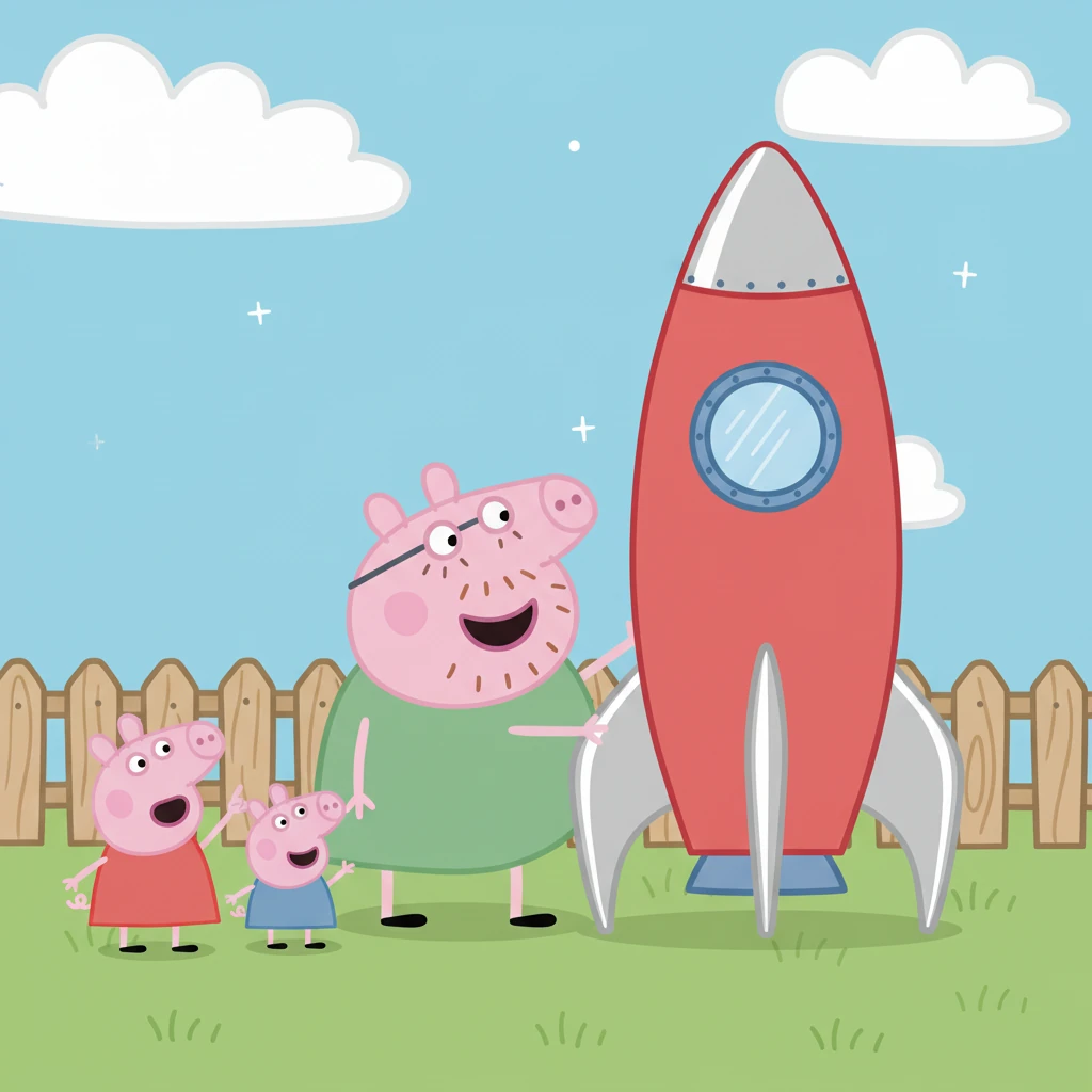 Suddenly, Daddy Pig, with a twinkle in his eye, unveiled a magnificent, bright red rocket in their backyard! It had shiny silver fins and a big round window. Peppa and George gasped in amazement.