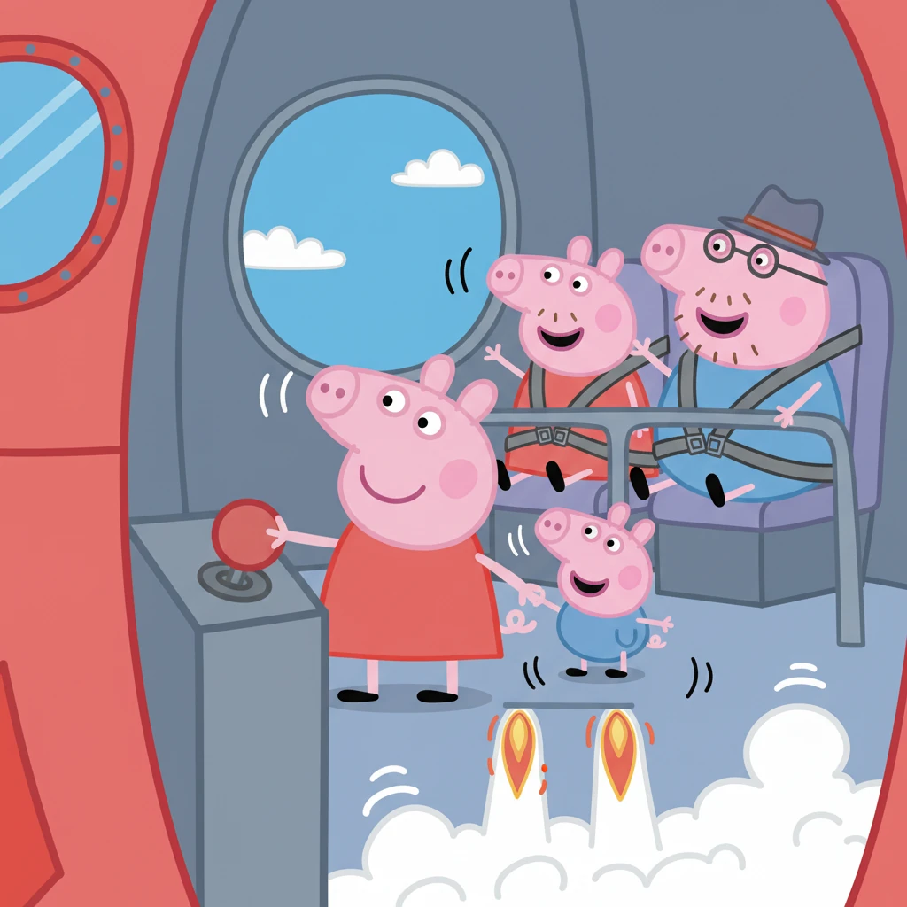 Peppa, George, Mummy Pig, and Daddy Pig all climbed into the rocket. Peppa pressed a big red button, and with a whoosh and a rumble, the rocket lifted off the ground, soaring higher and higher into the blue sky.