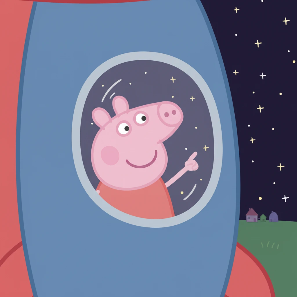 Through the rocket's window, they watched as their house and garden became tiny dots. Soon, the blue sky turned to a deep, dark indigo, scattered with countless twinkling stars. Peppa pointed excitedly at the celestial canvas.