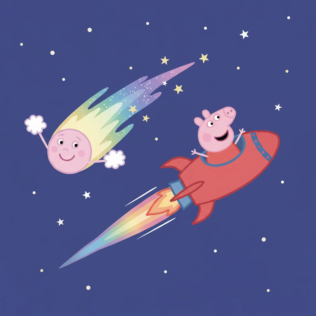 They flew past a friendly-looking comet with a long, sparkling tail. It waved as they zoomed by, leaving a trail of glitter in its wake. Peppa giggled, waving back.