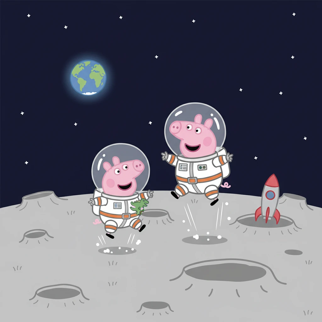 Their rocket gently landed on the bumpy surface of the moon! Peppa and George, wearing their special space suits, bounced lightly as they explored the craters. The Earth looked like a beautiful blue marble in the distance.