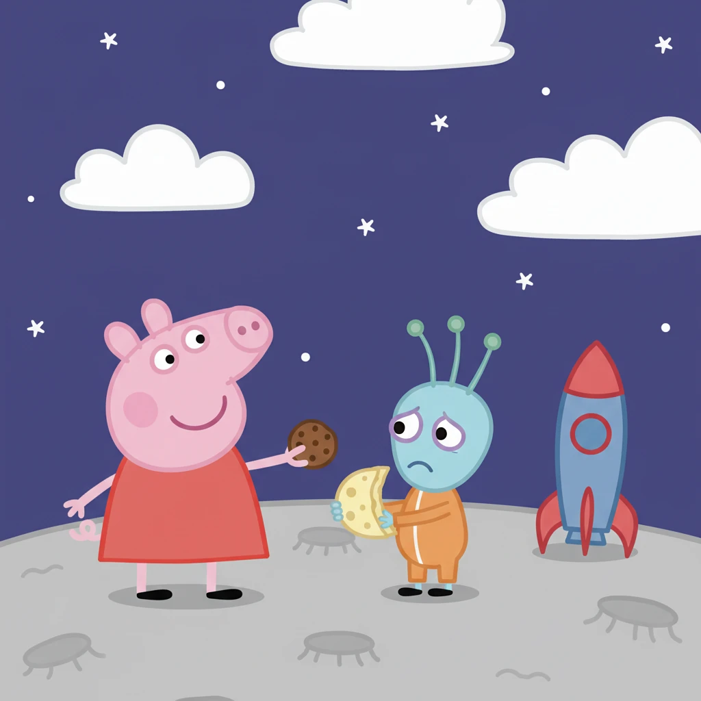 On the moon, they met a shy little alien with big, friendly eyes and three antennae. The alien offered them moon-cheese sandwiches, which tasted surprisingly delicious. Peppa shared her chocolate biscuits in return.