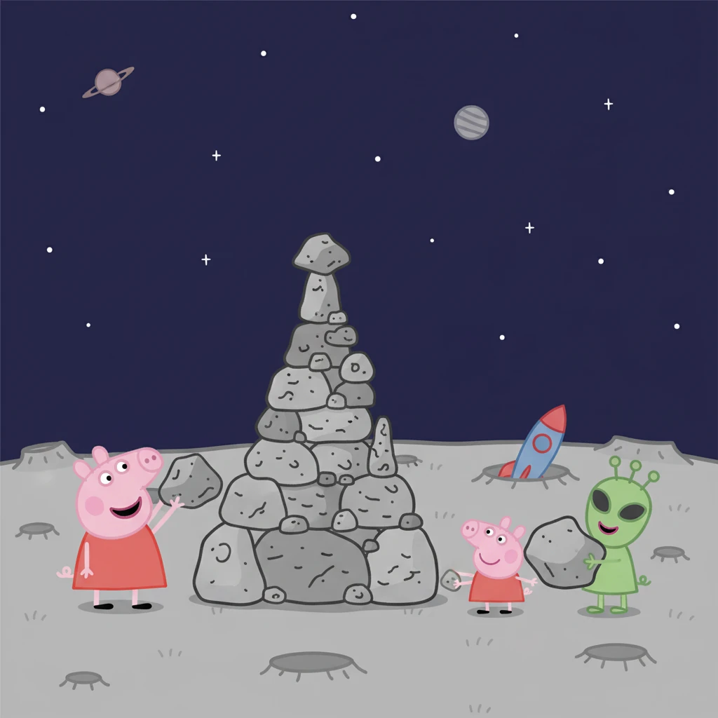Together, Peppa, George, and their new alien friend built a magnificent moon-castle out of moon-rocks. They laughed and played, enjoying their cosmic playtime under the starry sky.