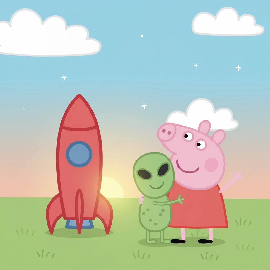 As the sun began to peek over the Earth, it was time to say goodbye. Peppa hugged her alien friend, promising to visit again soon. They waved from their rocket as it prepared for its journey home.