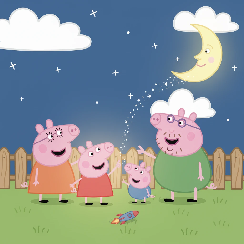 Back in their backyard, safe and sound, Peppa and George told Mummy and Daddy Pig all about their incredible space adventure. Peppa looked at the moon, now a familiar friend, knowing that dreams really can come true.