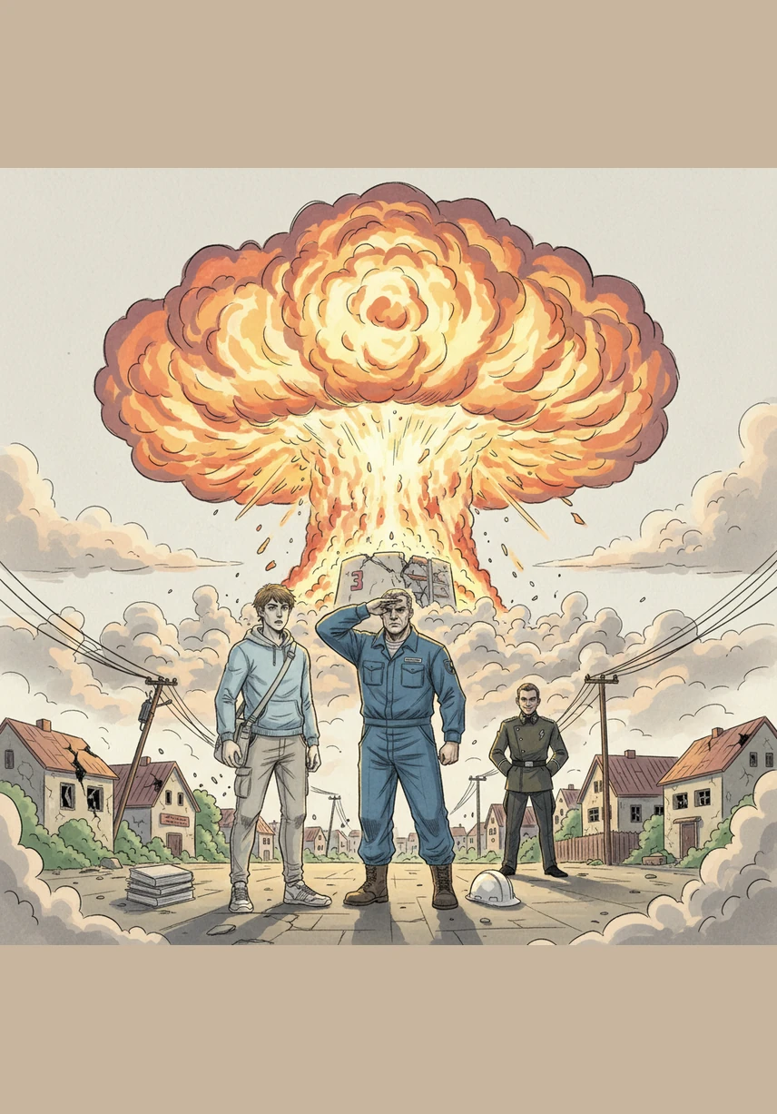 Um Punkt 13:56 Uhr am 13. März 2023 erschüttert eine gewaltige Detonation die Erde, als Reaktor 3 in einem hellen Feuerball explodiert. Ein riesiger Atompilz steigt drohend in den Himmel über Gartenstadt auf und hüllt die Umgebung in einen unheimlichen Schatten.