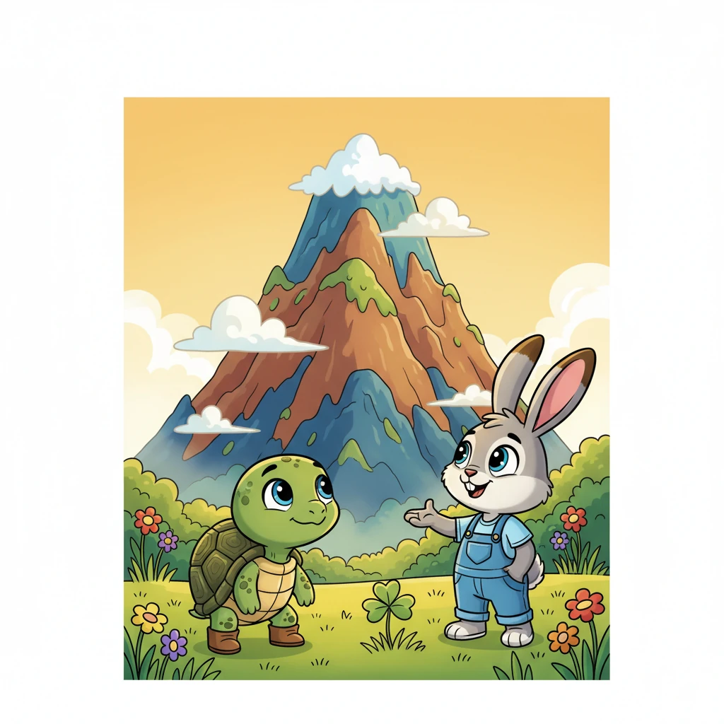 In a sunny meadow, little Timmy the tortoise gazed up at the towering Great Mountain, his eyes sparkling with a grand dream. His friend, Benny the speedy rabbit, playfully suggested he enjoy the grass instead, but Timmy's determination shone bright.