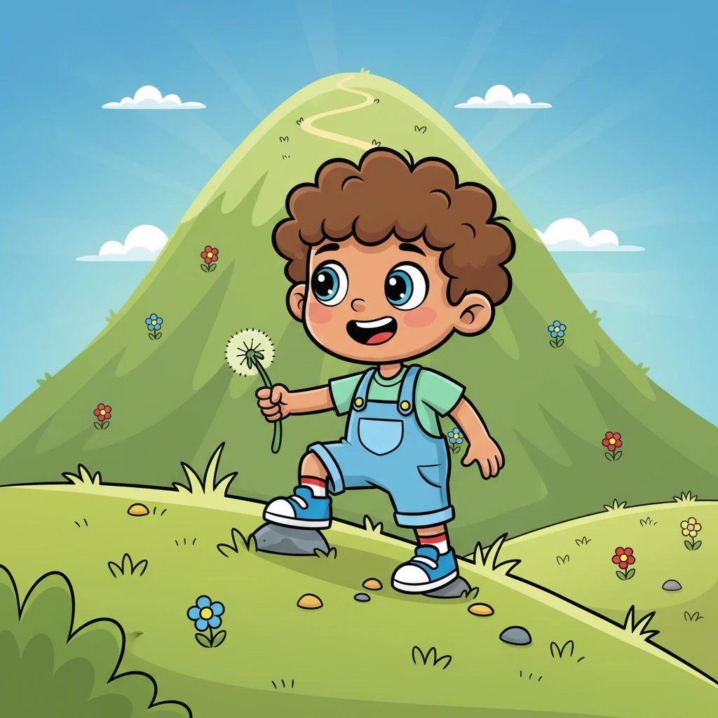 Timmy began his climb, his small legs working hard to navigate the first grassy incline. Each step was a tiny victory, and though the mountain loomed large, his spirit was even bigger. He imagined the incredible view waiting for him at the top.