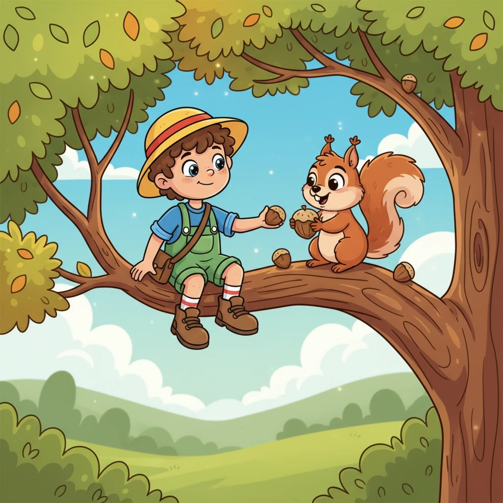 Higher up, Timmy met Pip, a chatty little squirrel who was expertly cracking nuts. Pip shared a juicy nut with Timmy and cheered him on, marveling at the tortoise's courage. Timmy felt a warm glow of encouragement from his new friend.