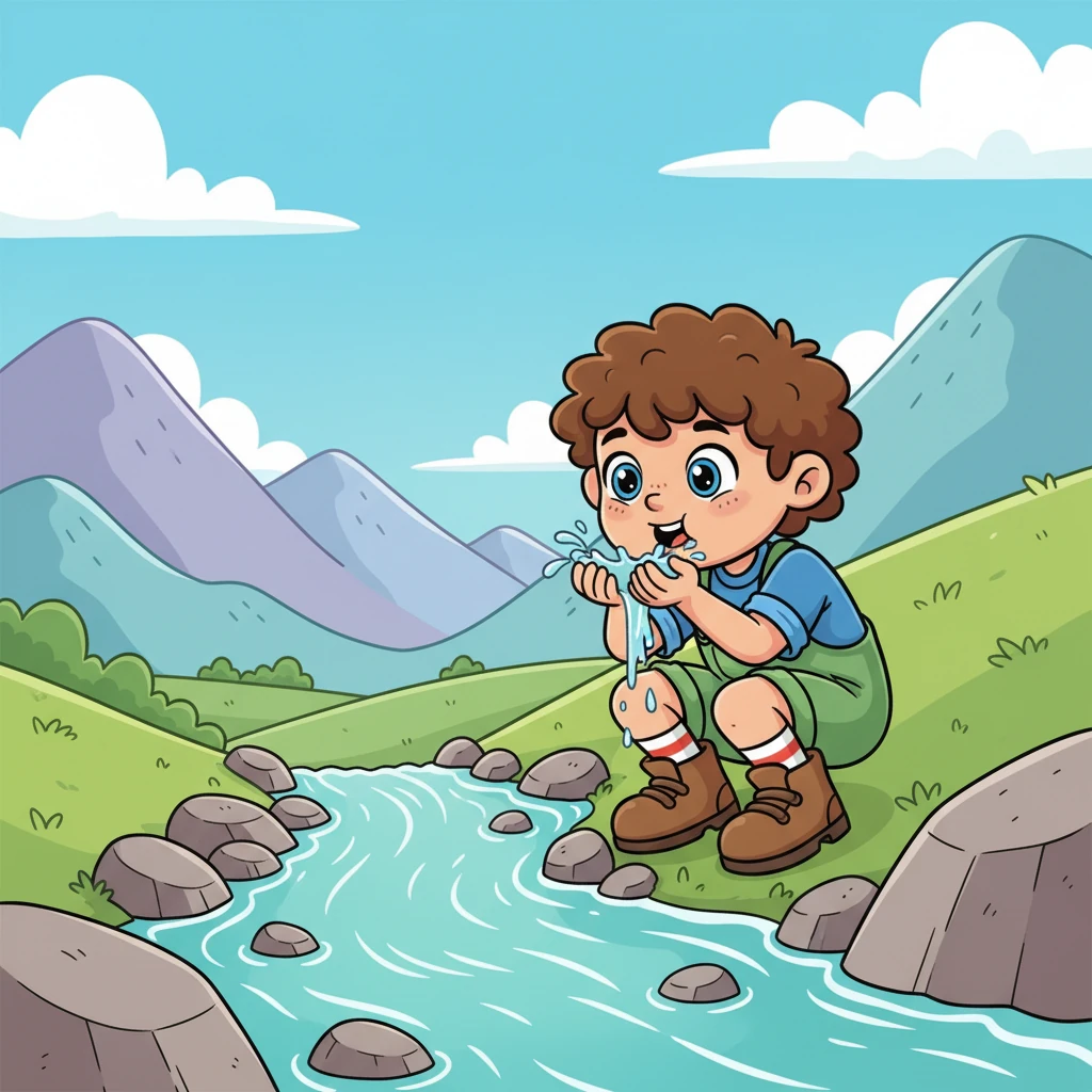Timmy found a beautiful, sparkling stream cascading down the mountainside and paused for a refreshing drink. He looked back, amazed at how far he had already come, the meadow now a tiny green patch in the distance.