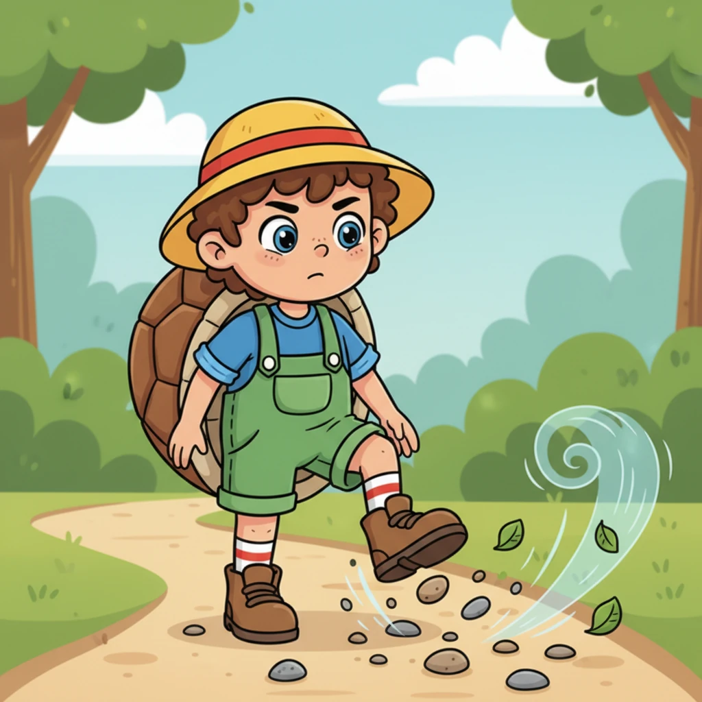 Suddenly, a small, playful gust of wind scattered some loose pebbles on the path ahead. Timmy, with careful determination, slowly and steadily navigated the tricky section, his shell providing a sturdy shield against the tumbling stones.