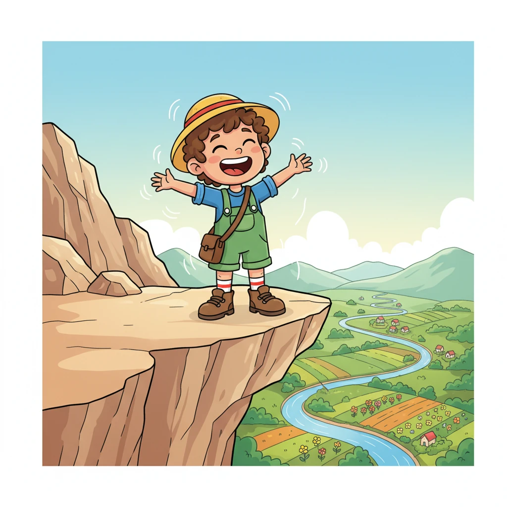 Reaching a wide, flat ledge halfway up, Timmy took a long, happy breath. The world spread out below him like a colorful tapestry, and the air felt crisp and cool. He couldn't help but smile, feeling a surge of pride in his steady progress.