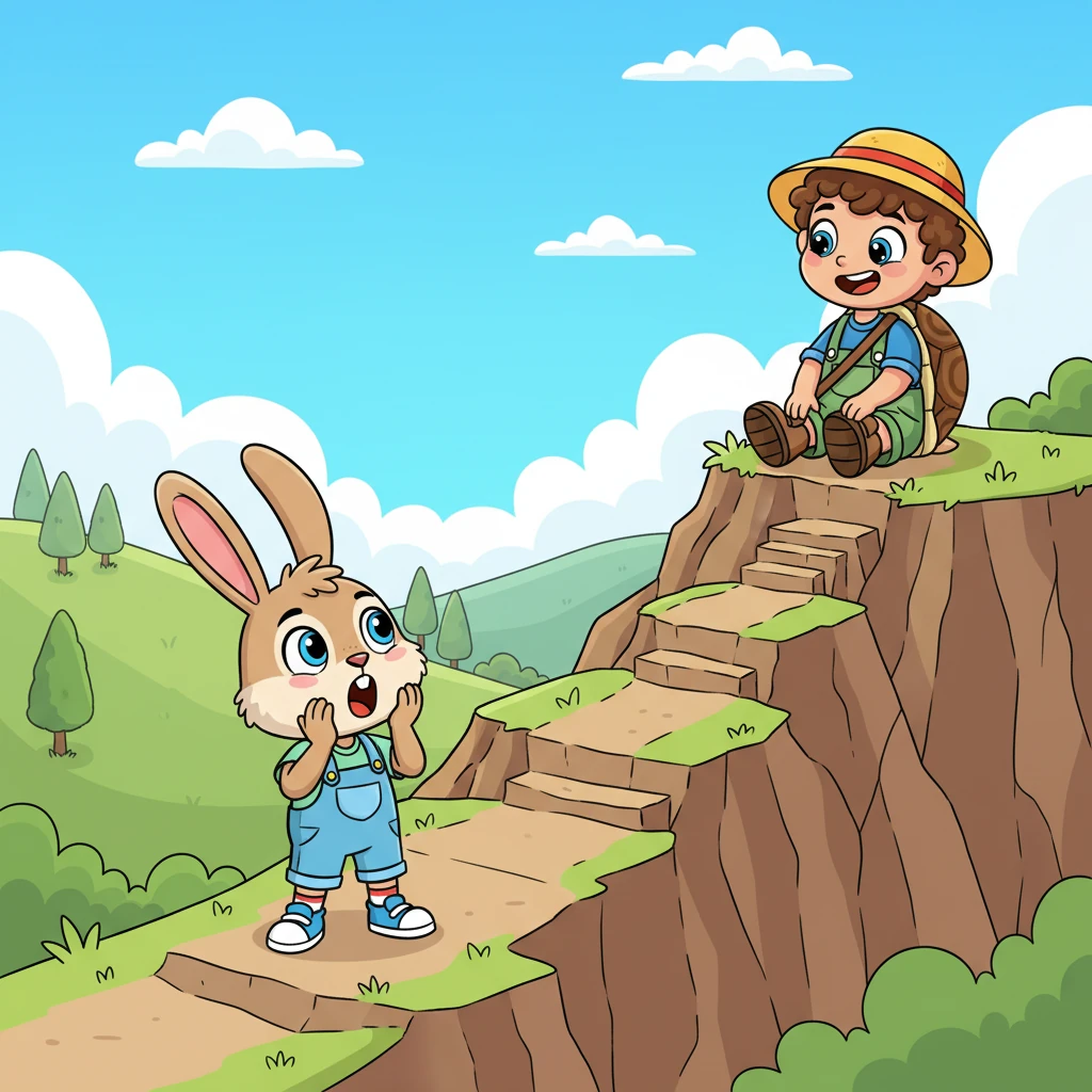 Curiosity finally got the better of Benny, who zipped up the mountain path to check on Timmy. He gasped in surprise to see how high his friend had climbed, his ears twitching with admiration for the little tortoise's incredible feat.